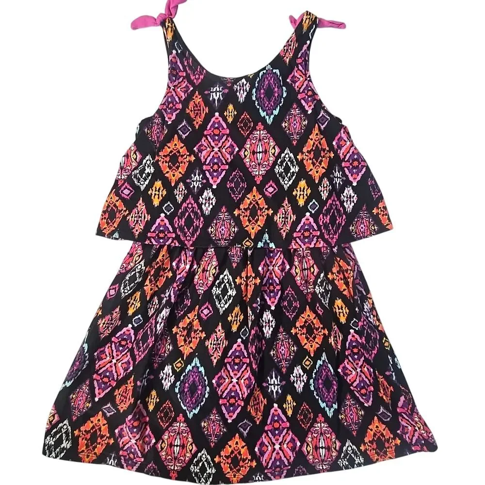 Gymboree Popover Sundress Kids 12 Black Pink Boho Ikat Tribal Geometric Tiered‎